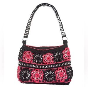 Pop/Soda Tab Black & Pink Crochet Floral Crocheted Shoulder Bag